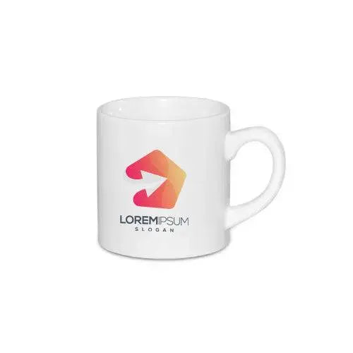 Small white sublimation mug 6oz with colorful logo design, ideal for custom branding or promotional drinkware in kitchen and dining collections.