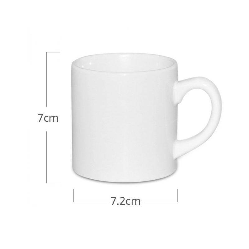 Blank 6oz small white mug with dimensions 7cm height and 7.2cm diameter, perfect for sublimation printing and personalized kitchenware.