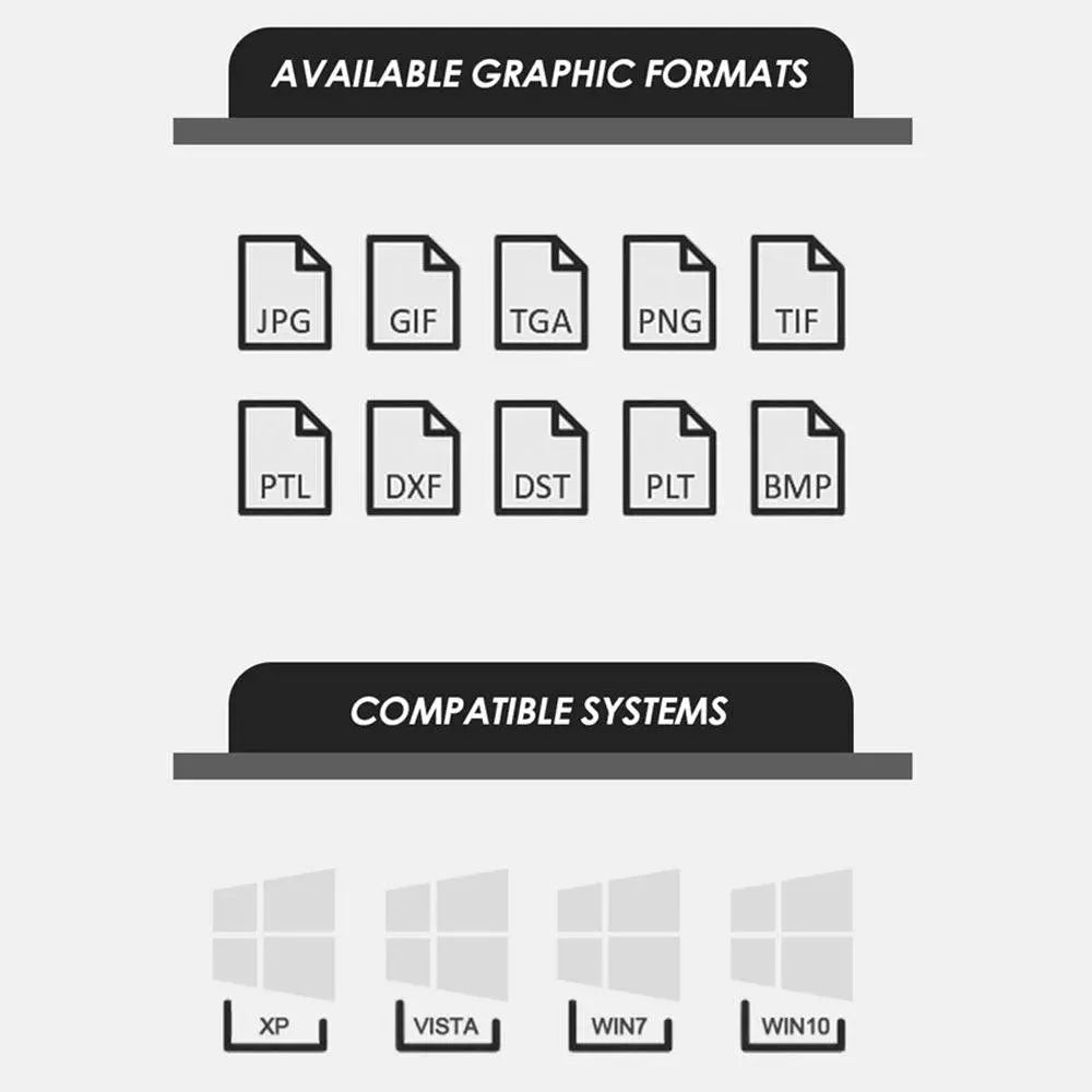 Supported graphic formats and compatible Windows systems for CO2 Laser Engraving Cutting Machine 6090, ensuring broad software integration.