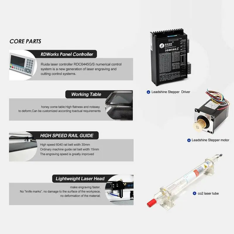 Core parts of CO2 Laser Engraving Cutting Machine 6040 including laser tube, stepper motor, and lightweight laser head for optimized performance.