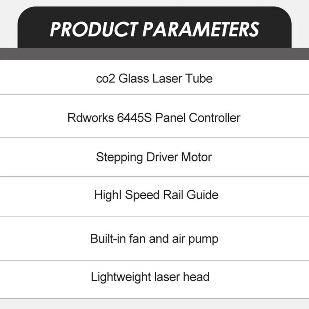 List of product parameters for CO2 Laser Engraving Cutting Machine 6090 highlighting key features like fan, air pump, and laser head.