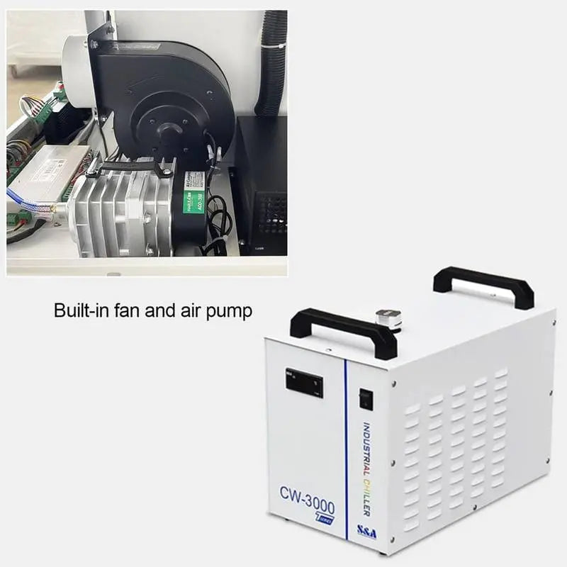 Built-in fan and air pump with CW-3000 water chiller for CO2 Laser Engraving Cutting Machine 6040, ensuring efficient cooling and operation.