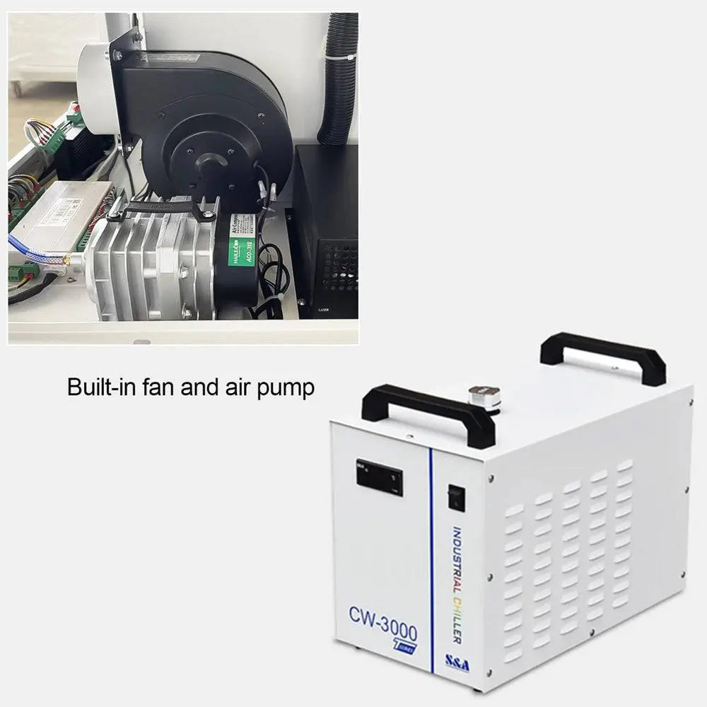 Built-in fan and air pump system for CO2 Laser Engraving Cutting Machine 6090 shown alongside CW-3000 water chiller for cooling.