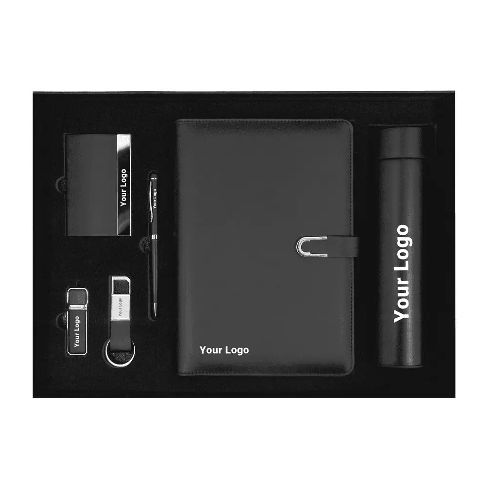 Customizable corporate gift set with logo on notebook, bottle, pen, USB, card holder, and keychain, perfect for promotional giveaways.