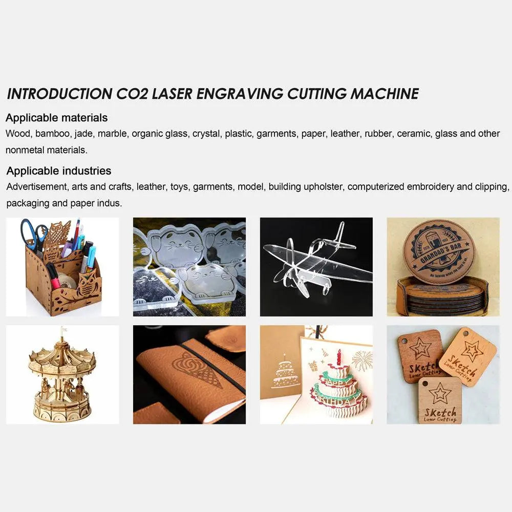 Examples of materials and industries suitable for CO2 Laser Engraving Cutting Machine 6090 including wood, leather, and crafts.
