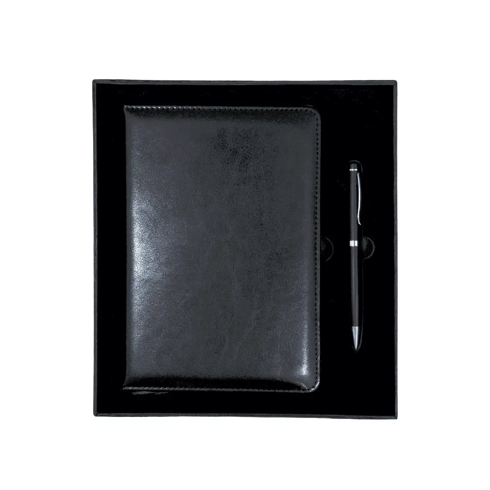Stylish black notebook and pen set in a luxury gift box, designed for executive and corporate gifting needs.