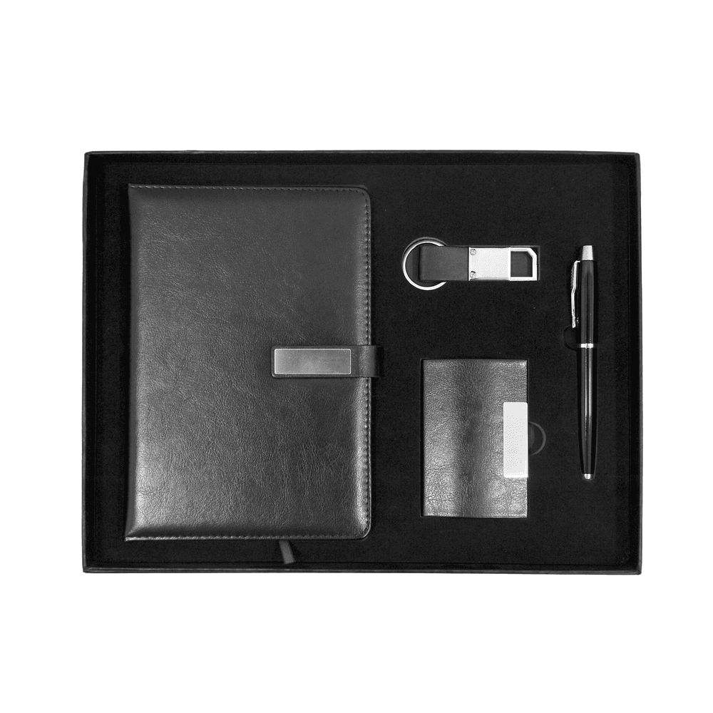 Corporate Gift Set - Notebook, Pen, Card Holder, Keychain in black box with sleek design, ideal for office professionals and branding.