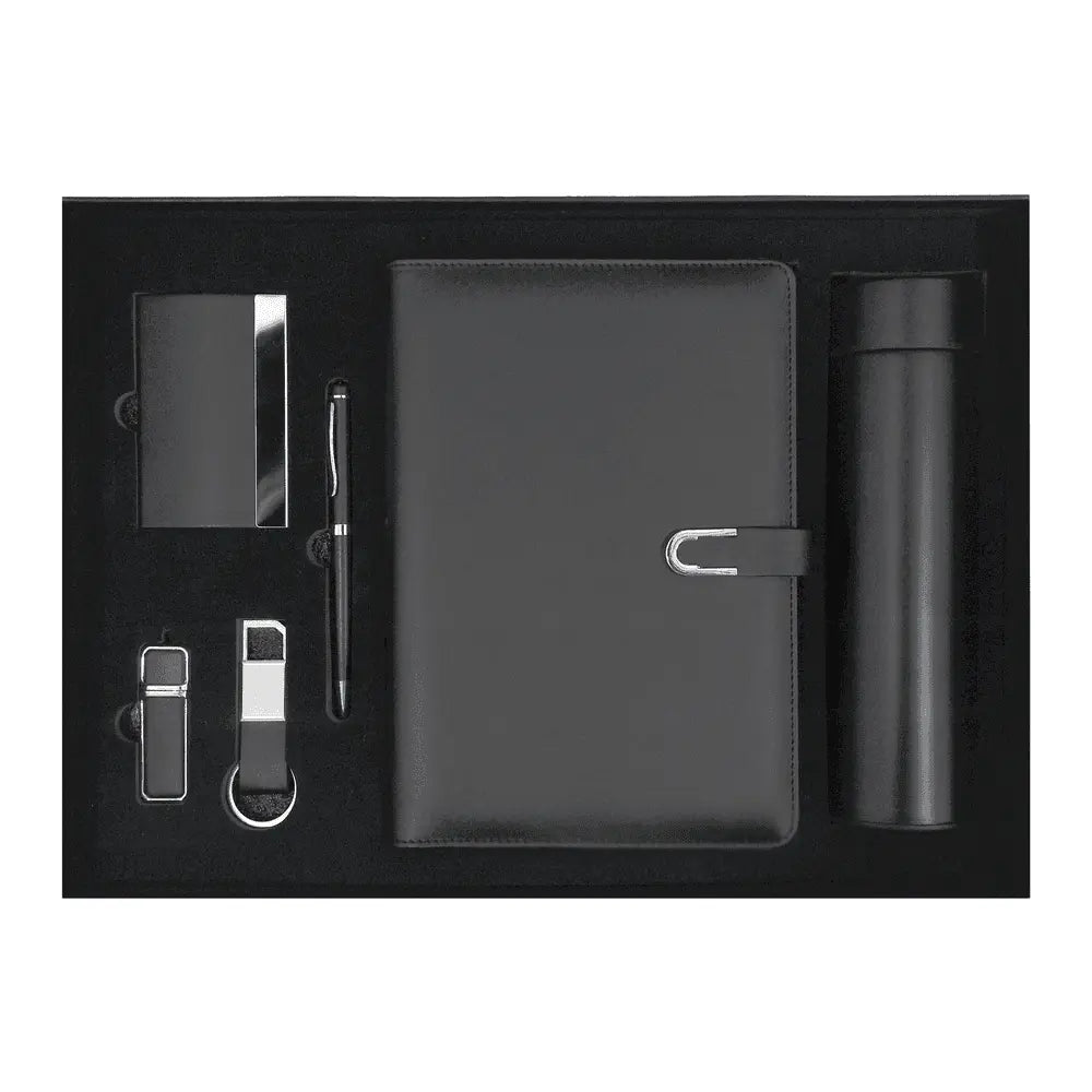 Corporate gift set notebook bottle pen USB card holder keychain in black presentation box, ideal for executive gifting and branding.