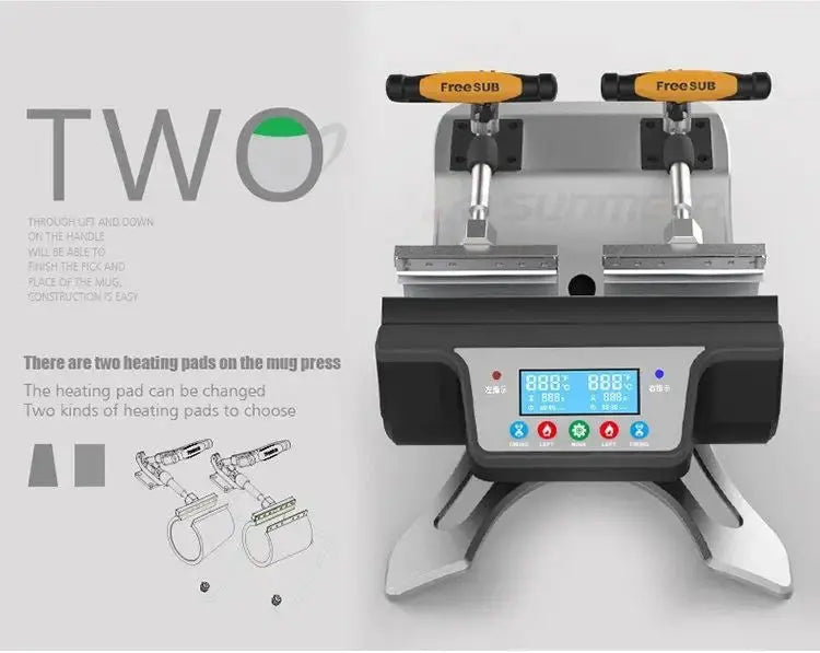 Top view of Double Station Heat Press Sublimation Machine ST-210 showing dual heating pads and LCD controls for simultaneous mug printing.