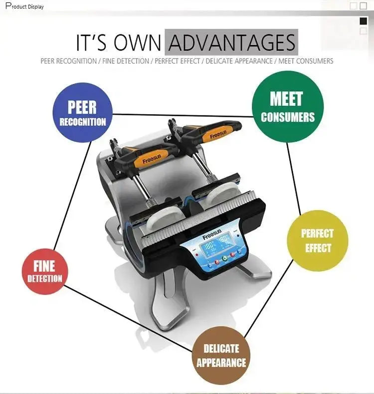 Advantages of Double Station Heat Press Sublimation Machine ST-210 highlighted with features like peer recognition and delicate appearance.