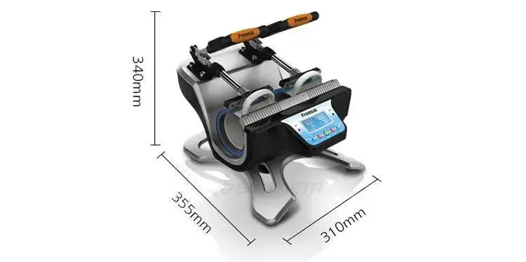 Dimensional view of Double Station Heat Press Sublimation Machine ST-210 showing compact size ideal for desktop mug printing operations.