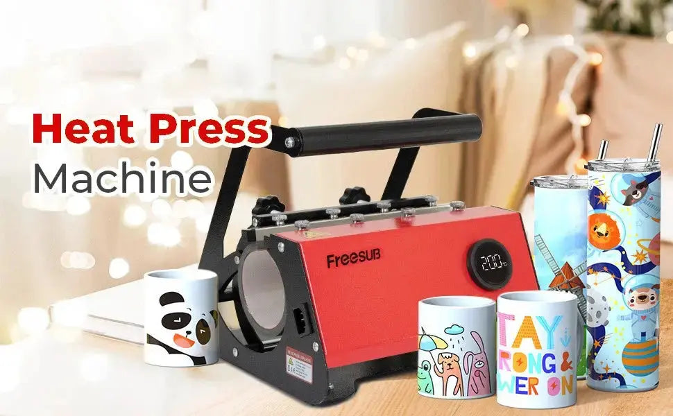 Freesub Heat Transfer Mug Printing Machine with colorful printed tumblers and mugs, highlighting its versatility in custom heat press applications.