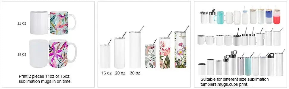 Various mug and tumbler sizes compatible with the Heat Transfer Mug Printing Machine, including 11oz, 15oz, 16oz, 20oz, and 30oz options.
