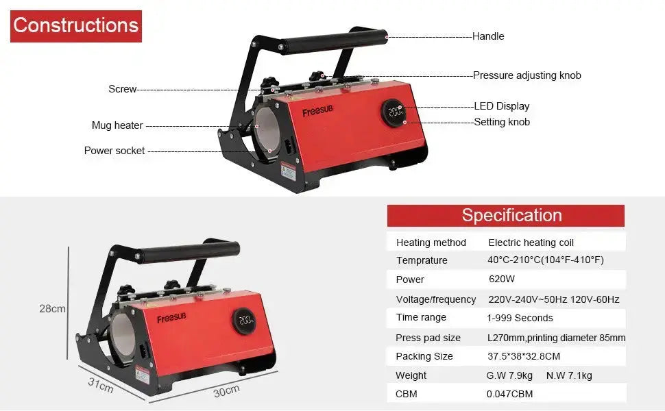 Detailed construction and specifications of the Heat Transfer Mug Printing Machine, showing dimensions, power, and temperature range for tumbler printing.