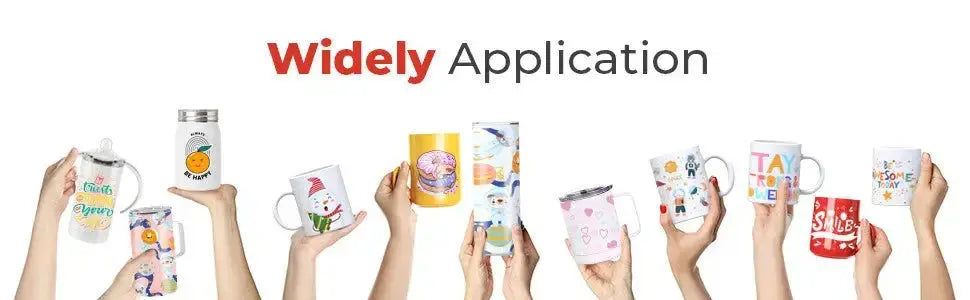 Hands holding custom-printed mugs and tumblers, demonstrating the wide application of the Heat Transfer Mug Printing Machine for personalized gifts.