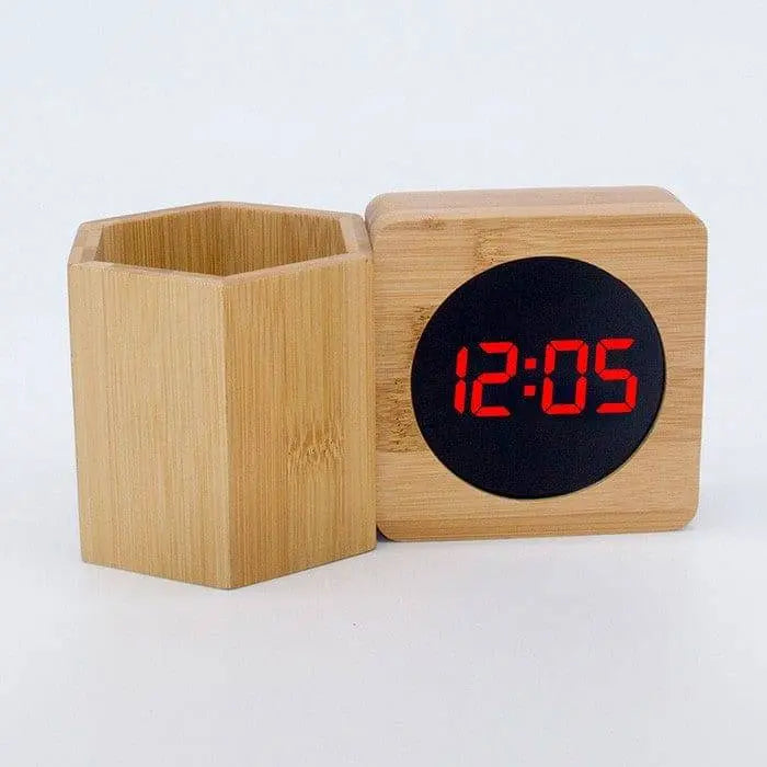 Bamboo Pen Holder Clock - Stylish and Eco-Friendly Organizer with LED time display and hexagonal pen holder for modern workspaces.
