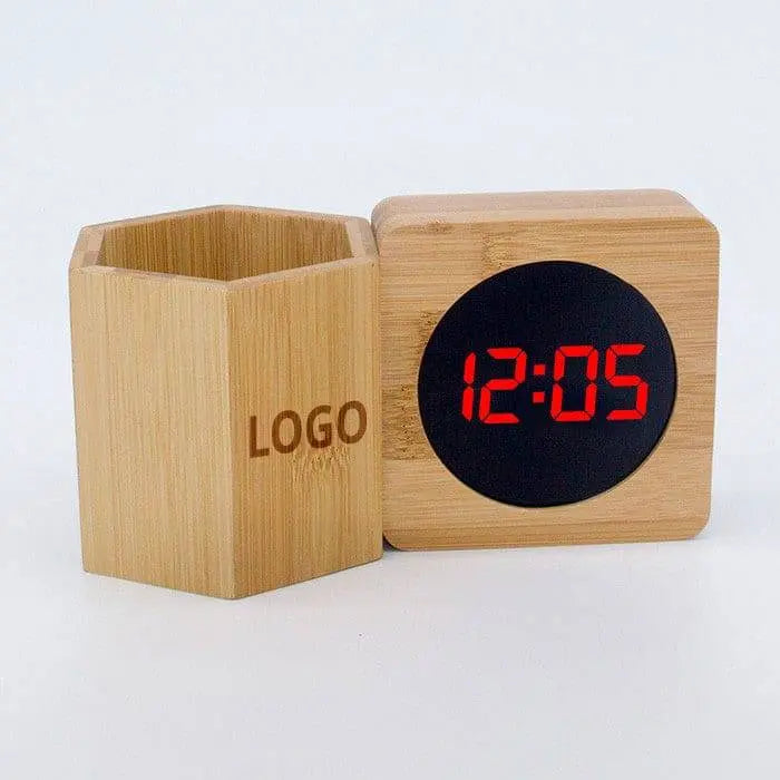 Bamboo Pen Holder Clock - Stylish and Eco-Friendly Organizer featuring customizable logo space and digital LED clock for office desks.