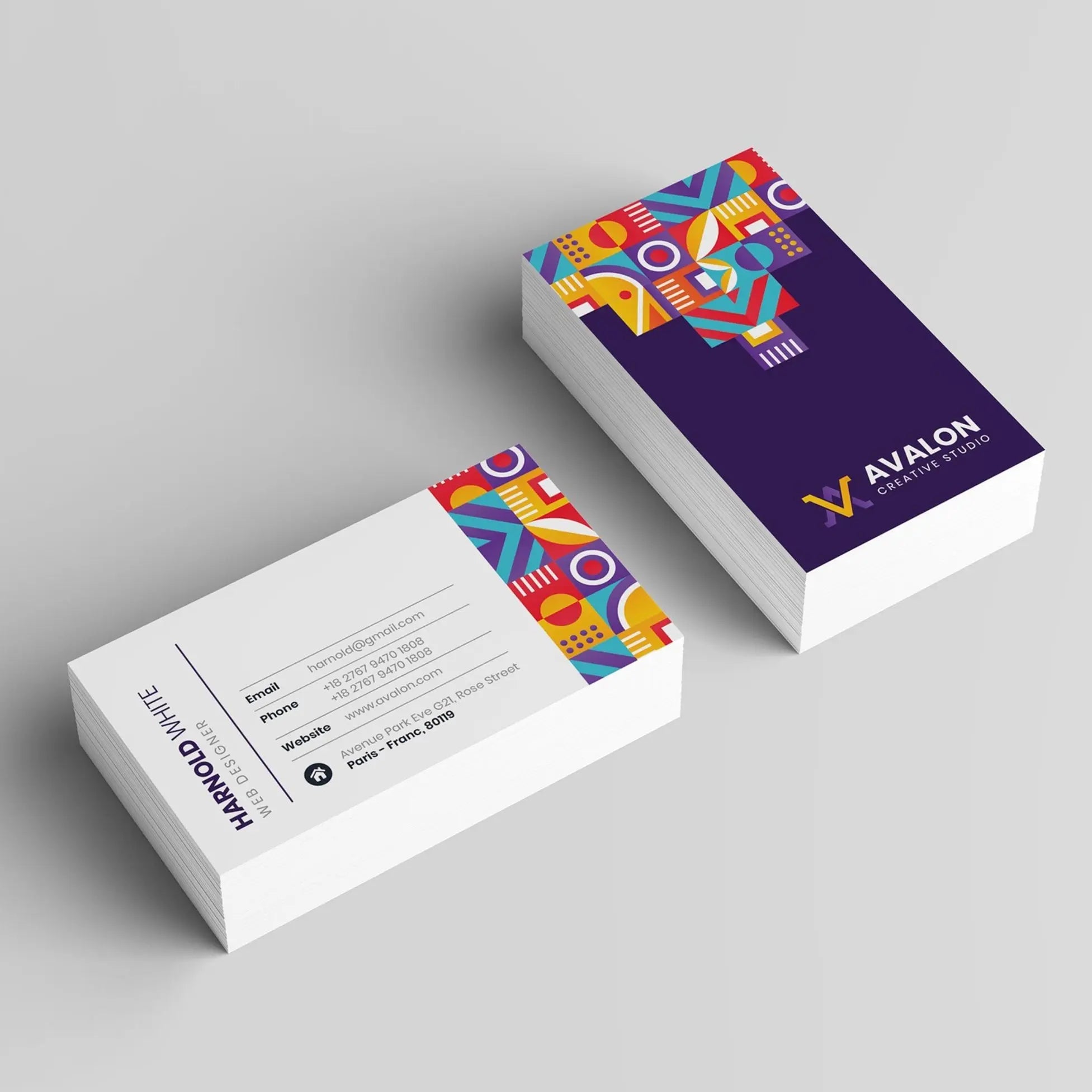 Printava | 400 GSM Spot UV Matt Laminated Business Card featuring a vibrant geometric design with glossy Spot UV on a matte finish for a premium look.