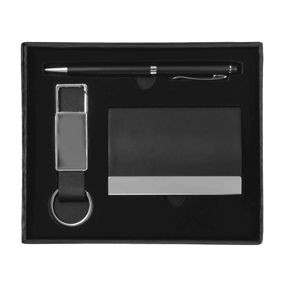 Corporate Gift Set with elegant black pen, sleek card holder, and metal keychain in a premium black box. Ideal for office gifting and branding.