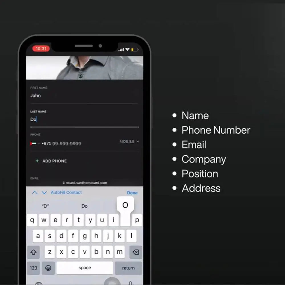 Mobile interface showing contact details linked to Digital Business NFC Card - Black. Easily add name, phone, email, and company info.