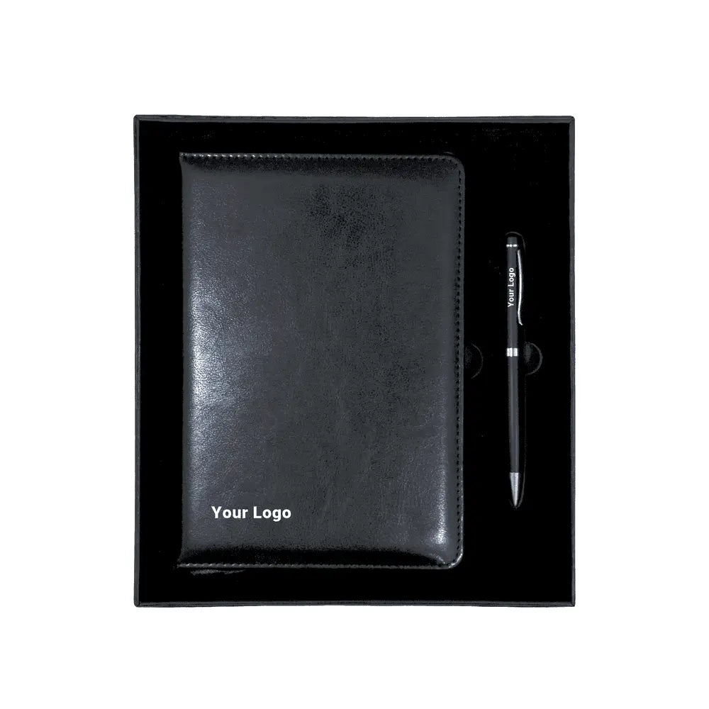 Customizable corporate gift set with logo space on notebook and pen, ideal for branded office giveaways.