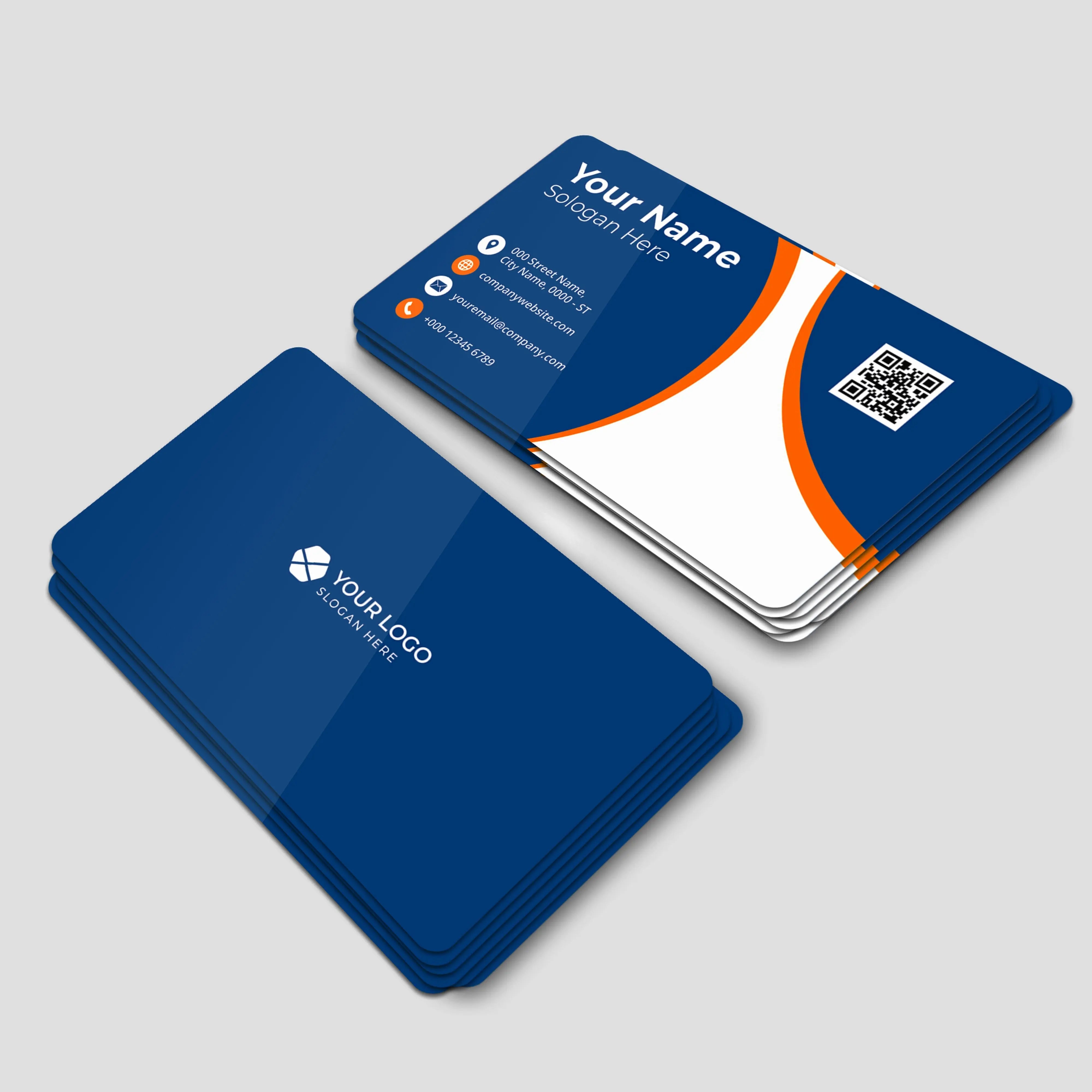 Printava 400 GSM Rounded Corners Glossy Laminated Business Card with blue and orange modern design, featuring QR code and contact details.