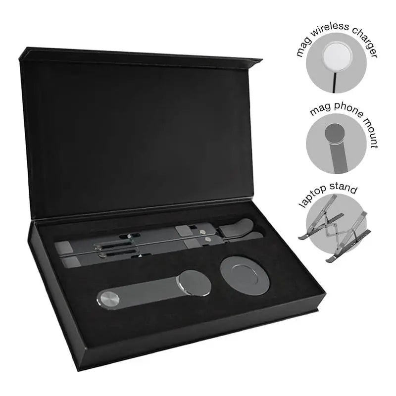 RADLIN laptop stand wireless charger set in black gift box with magnetic phone mount, ideal for compact and efficient tech workspace setups.