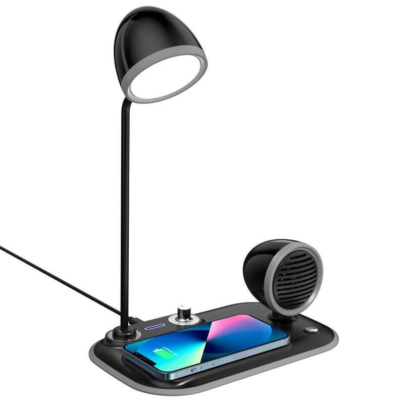 VEERE 3 in 1 charger lamp with speaker in sleek black design, featuring wireless phone charging, LED lamp, and Bluetooth speaker for tech-savvy users.