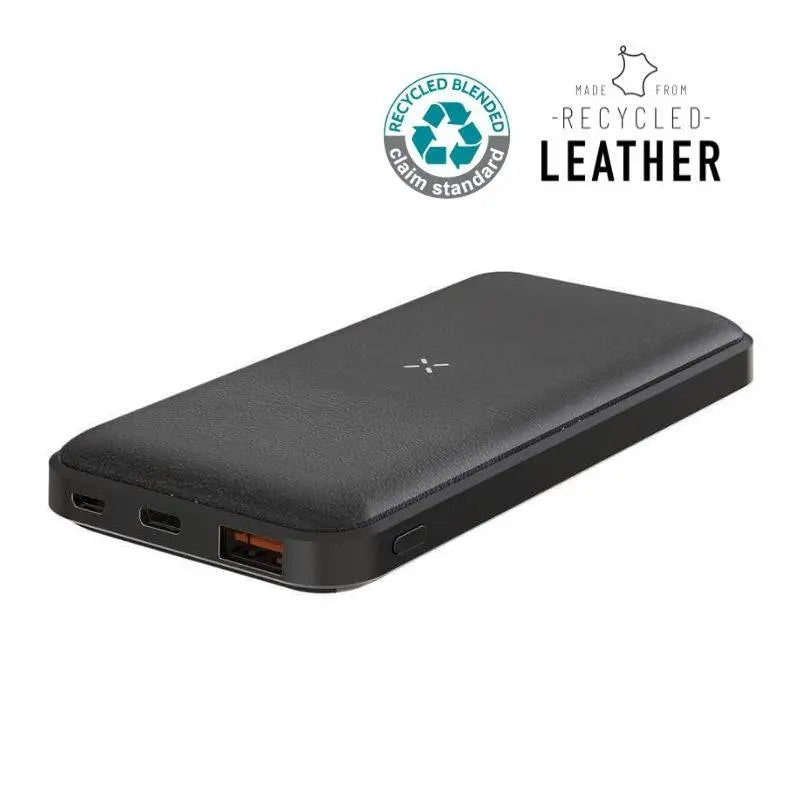 ALBECK 10000mAh powerbank in black recycled leather with PD charging port, ideal for eco-friendly tech users seeking sustainable energy solutions.