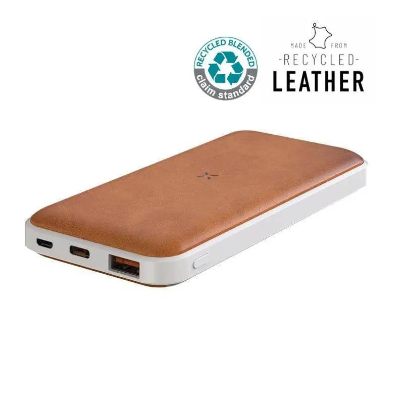 ALBECK Recycled Leather 10000mAh Powerbank in white and tan with USB and USB-C ports, combining eco-friendly design with fast charging technology.
