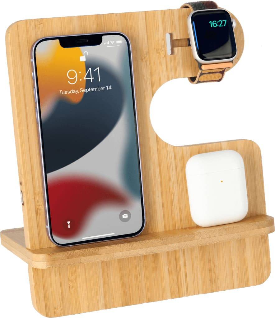 TRABEN Bamboo Charging Station 10W with eco-friendly design supports simultaneous wireless charging for smartphone, smartwatch, and earbuds.