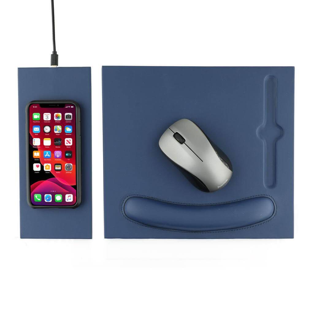 DOBERAN @memorii 10W Mouse Pad in Navy Blue featuring wireless charging pad with smartphone and ergonomic PU surface for mouse use.