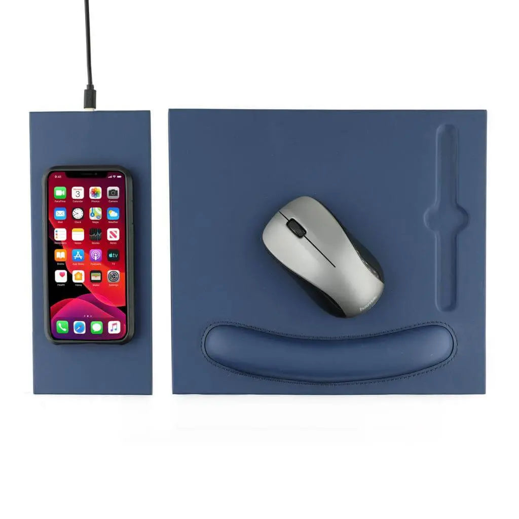 DOBERAN @memorii 10W Mouse Pad in Navy Blue featuring wireless charging pad with smartphone and ergonomic PU surface for mouse use.