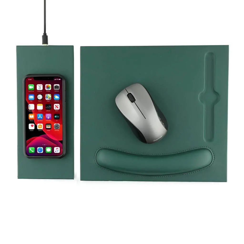 DOBERAN Mouse Pad - Wireless Charger | 10W PU Pad in dark green with built-in phone charging dock and ergonomic wrist support, ideal for tech-savvy desks.