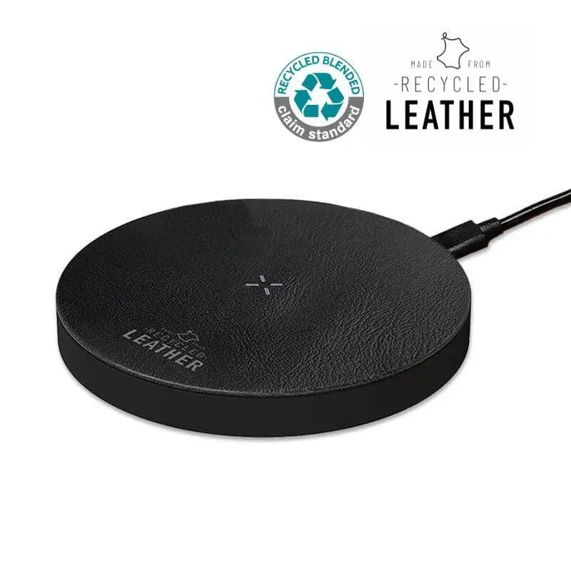 ANZIO Wireless Charger in black recycled leather with 15W fast charging. Eco-friendly tech gift ideal for modern workspaces and home offices.
