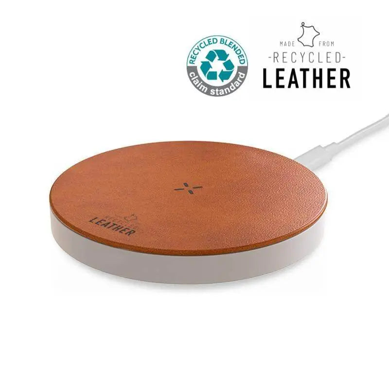 ANZIO Wireless Charger - Recycled Leather | 15W Fast Charge in white and tan with eco-friendly recycled leather surface and USB-C cable connection.