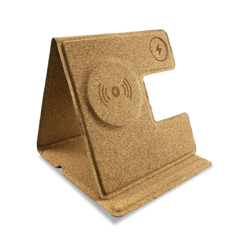 FARO Mag 3 in 1 Cork Charger with foldable stand design for wireless charging. Eco-friendly cork material ideal for tech-savvy, space-saving setups.