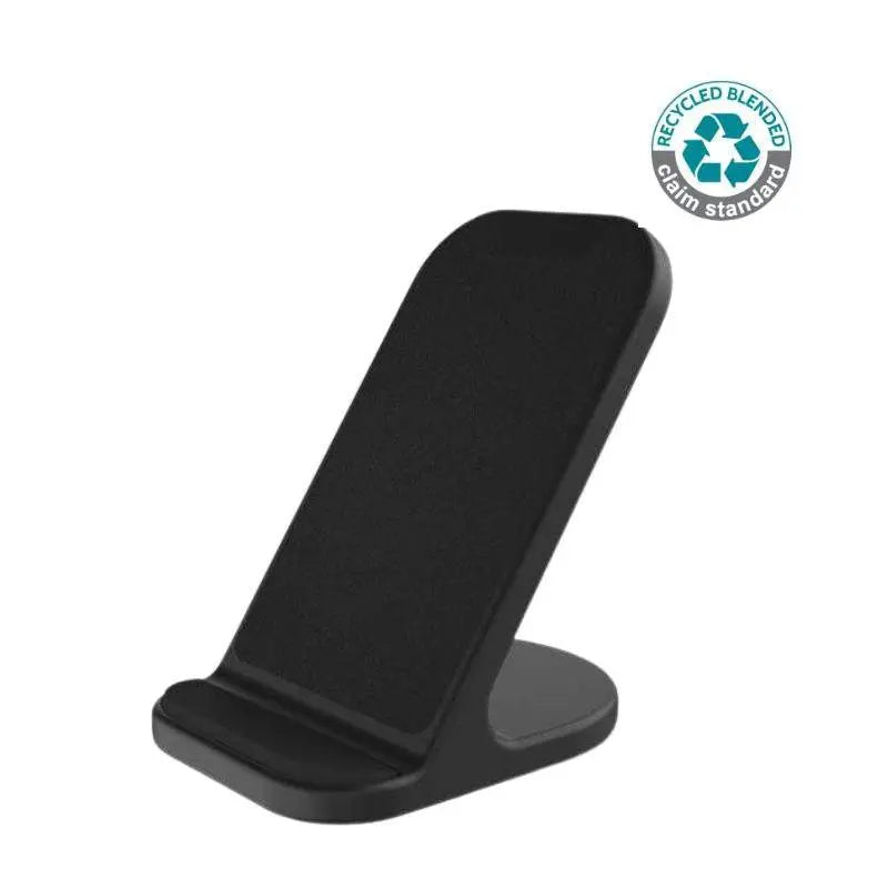 Recycled Wireless Charger Stand - BASEL in sleek black design with 10W fast charging, ideal for eco-conscious phone users seeking clutter-free convenience.