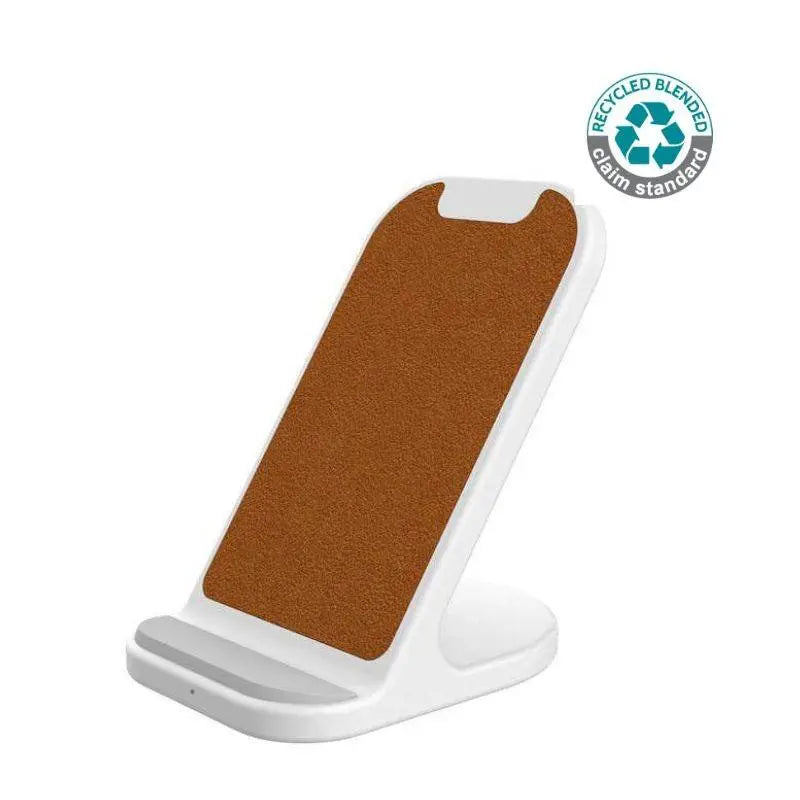 Recycled Wireless Charger Stand - BASEL in white with brown eco-textured surface, offering 10W fast charging for smartphones. Ideal for sustainable tech gifting.