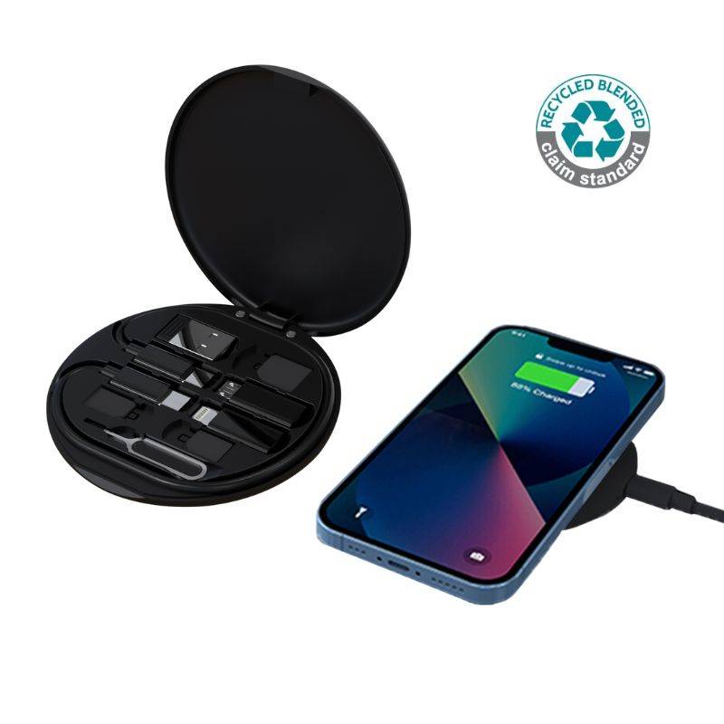 OSLO Wireless Charger Set - Recycled | 15W Multi-Cable in black with eco-friendly case and smartphone charging on pad. Ideal for tech-savvy users.