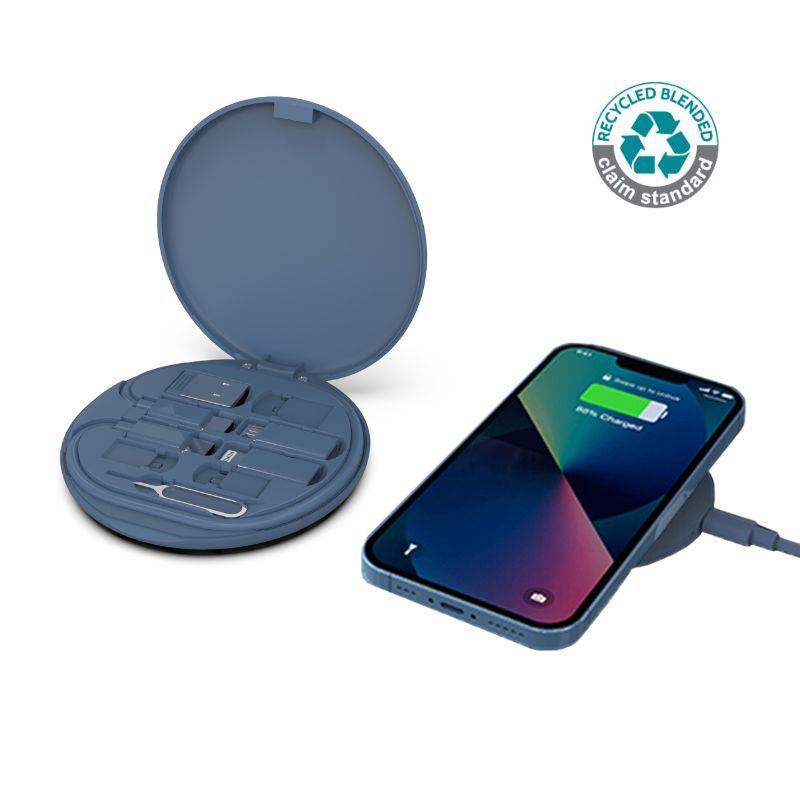 OSLO Wireless Charger Cable Set in blue with 15W fast charging and multi-cable options, shown charging a smartphone. Eco-friendly recycled design.