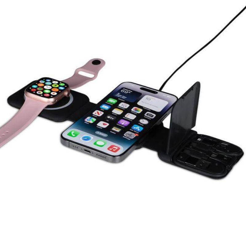 BOLERO 2 in 1 wireless charger with multi cable set in black, charging a smartphone and smartwatch simultaneously. Compact design ideal for tech gifts.