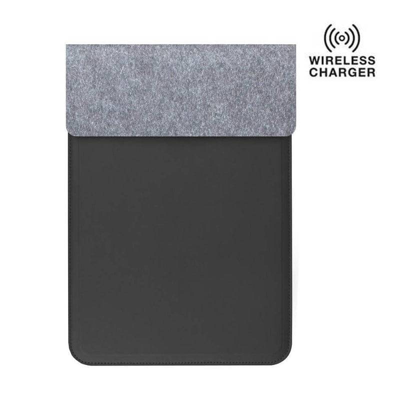 CAMDEN 14" Felt Laptop Sleeve Charger in black with a grey flap, featuring built-in 15W magnetic wireless charging for tech-savvy protection.
