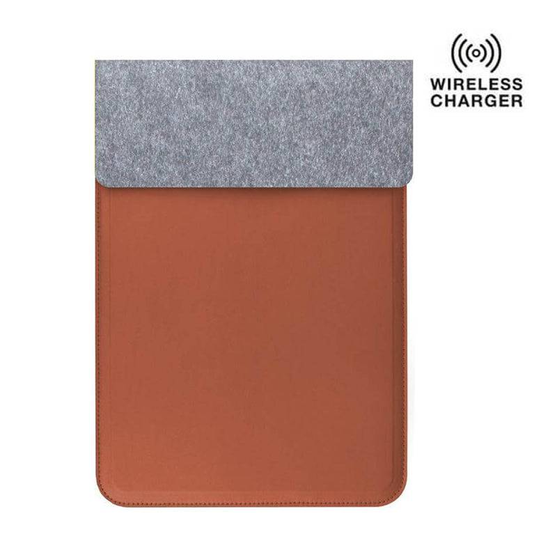 CAMDEN 14" laptop sleeve charger in tan with grey felt flap, featuring built-in 15W magnetic wireless charger for tech protection and portability.