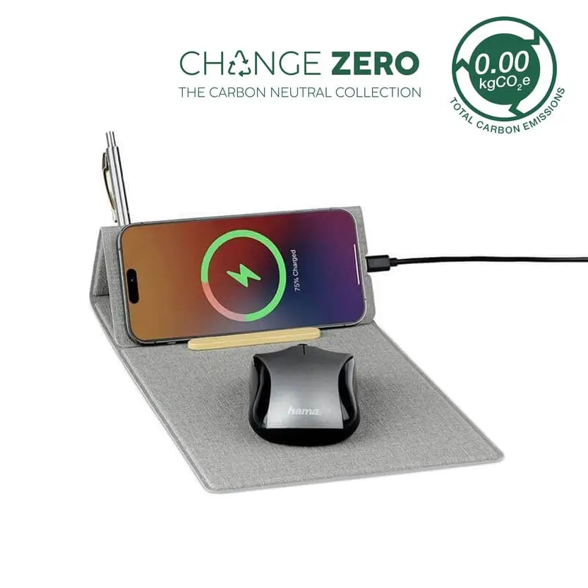 BLACE - CHANGE ZERO Recycled Mousepad Desk Organizer in grey with 15W wireless charger, phone stand, and pen holder. Eco-friendly tech gift.