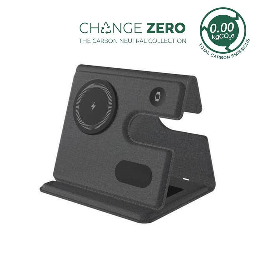 CHANGE ZERO Recycled Wireless Charger Station in black with 3-in-1 design for phone, earbuds, and smartwatch. Eco-friendly tech gift with 0.00 kgCO₂e emissions.