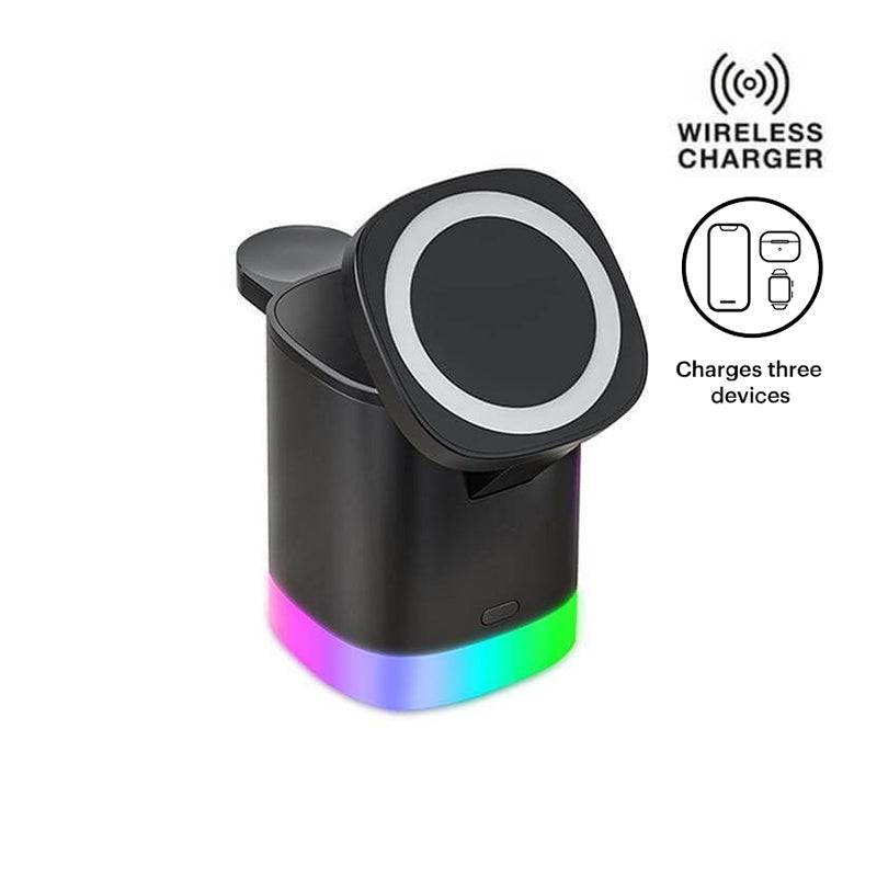 SIRAN 3-In-1 compact wireless charger with LED base, designed for fast charging three devices simultaneously. Ideal for travel or home use.