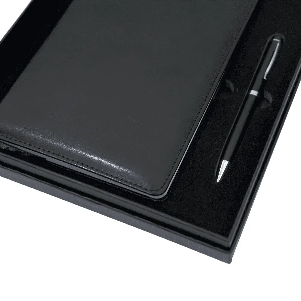 Detailed view of luxury notebook and pen set in elegant packaging, ideal for office supply gift sets.