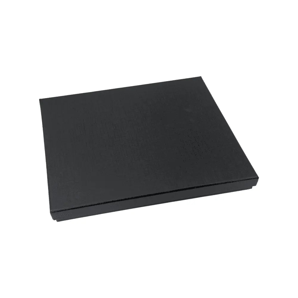 Closed black gift box for corporate notebook and pen set, offering a sleek and professional presentation.