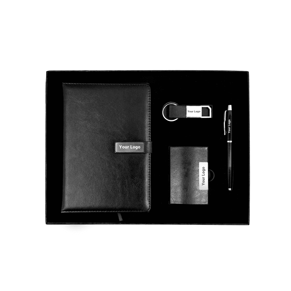 Branded Corporate Gift Set with Your Logo on notebook, pen, card holder, and keychain, perfect for promotional office supplies.